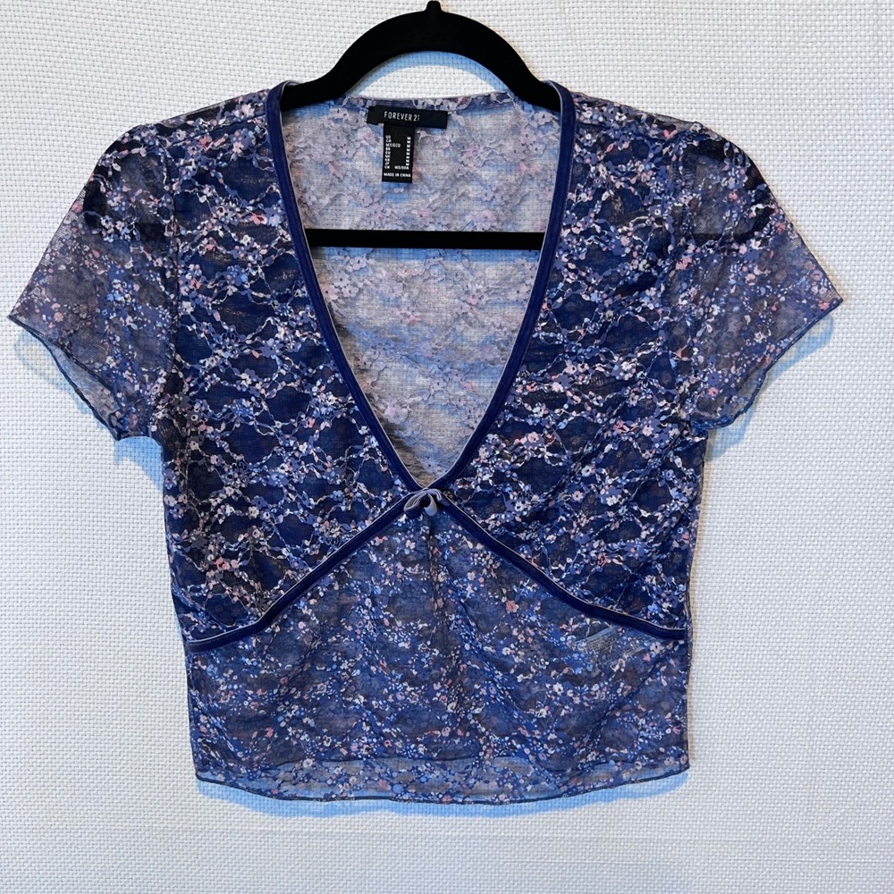 Purple Floral Lace Sheer Mesh Velvet‎ Trim Crop Top Romantic Fairycore Medium